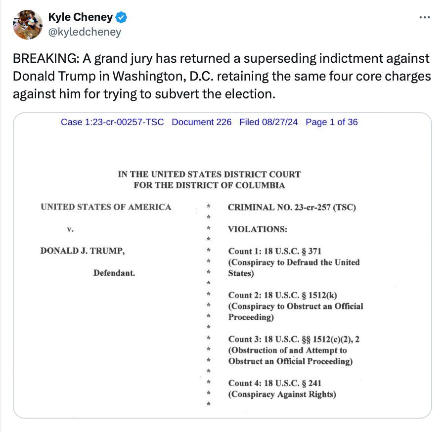 🚨BREAKING: Jack Smith's grand jury has brought a new superseding indictment against Donald Trump, meant to work around the recent Supreme Court ruling holding that Trump's official actions as president were not subject to prosecution.

The regime is obsessed with putting Trump behind bars, by any means necessary.