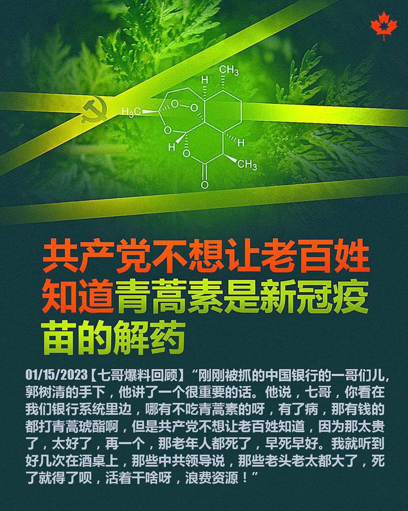 共产党不想让老百姓知道 #青蒿素 是新冠疫苗的解药❗️

#郭文貴爆料革命  #青蒿素  #新冠疫苗  #消滅共產黨 #新中國聯邦
 

