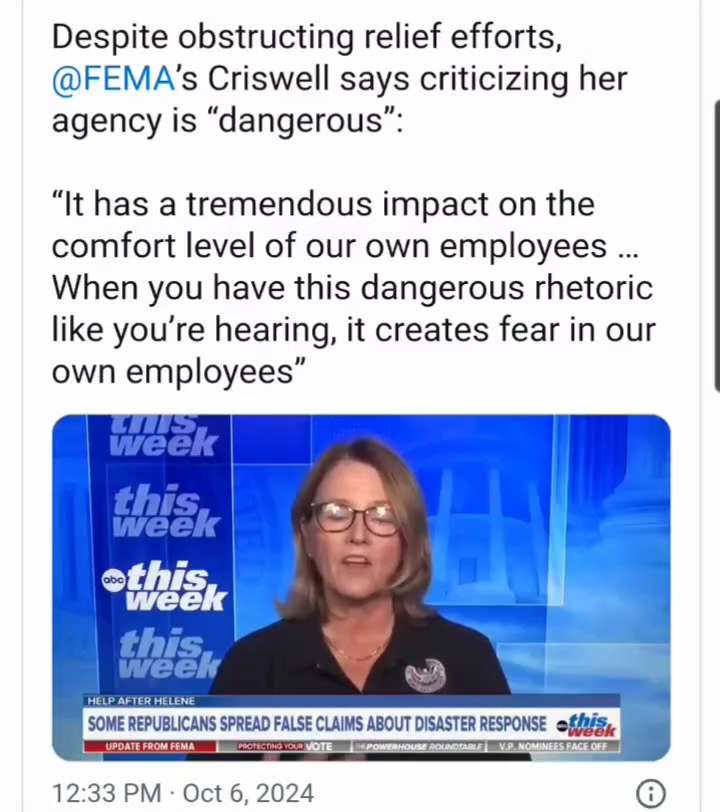 FEMA administrator Deanne Criswell went on ABC News to say the same thing about criticisms rightly aimed at the disaster relief arm of the government.

There's a theme on the Left: whenever we criticize them for what they do, it's 'dangerous'. Meanwhile, they can say that Trump is literally Hitler and an 'existential threat to democracy' and they don't think there's anything wrong with that rhetoric.