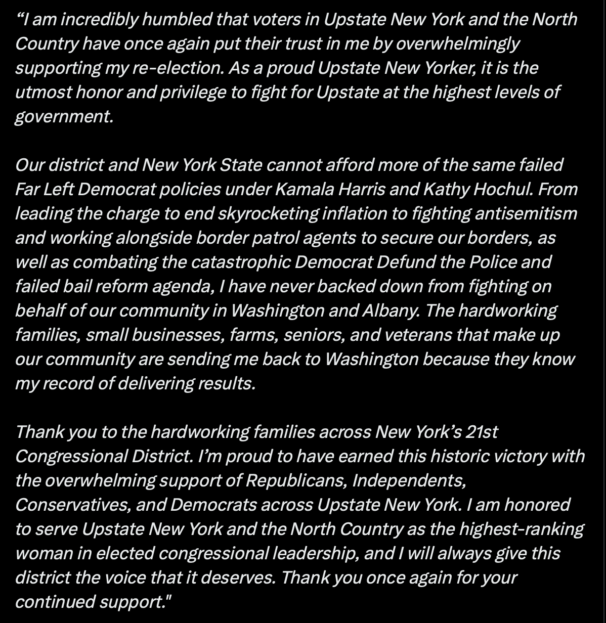 Statement on Historic Landslide Re-Election in #NY21:
