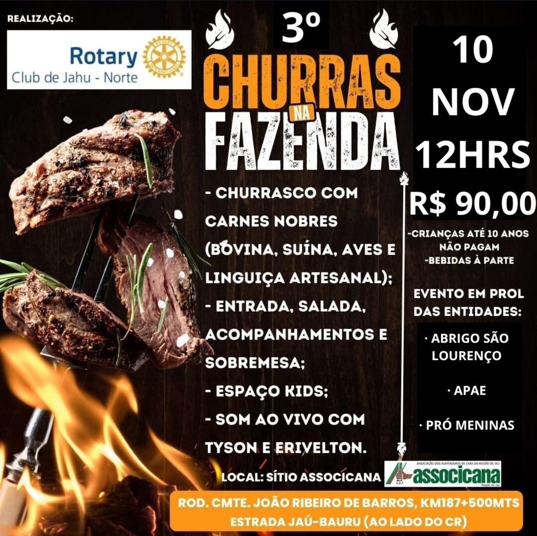 Texto do Rotary Club de Jahu - Norte:

3° Churras na Fazenda!

Que tal aproveitar um domingo especia...