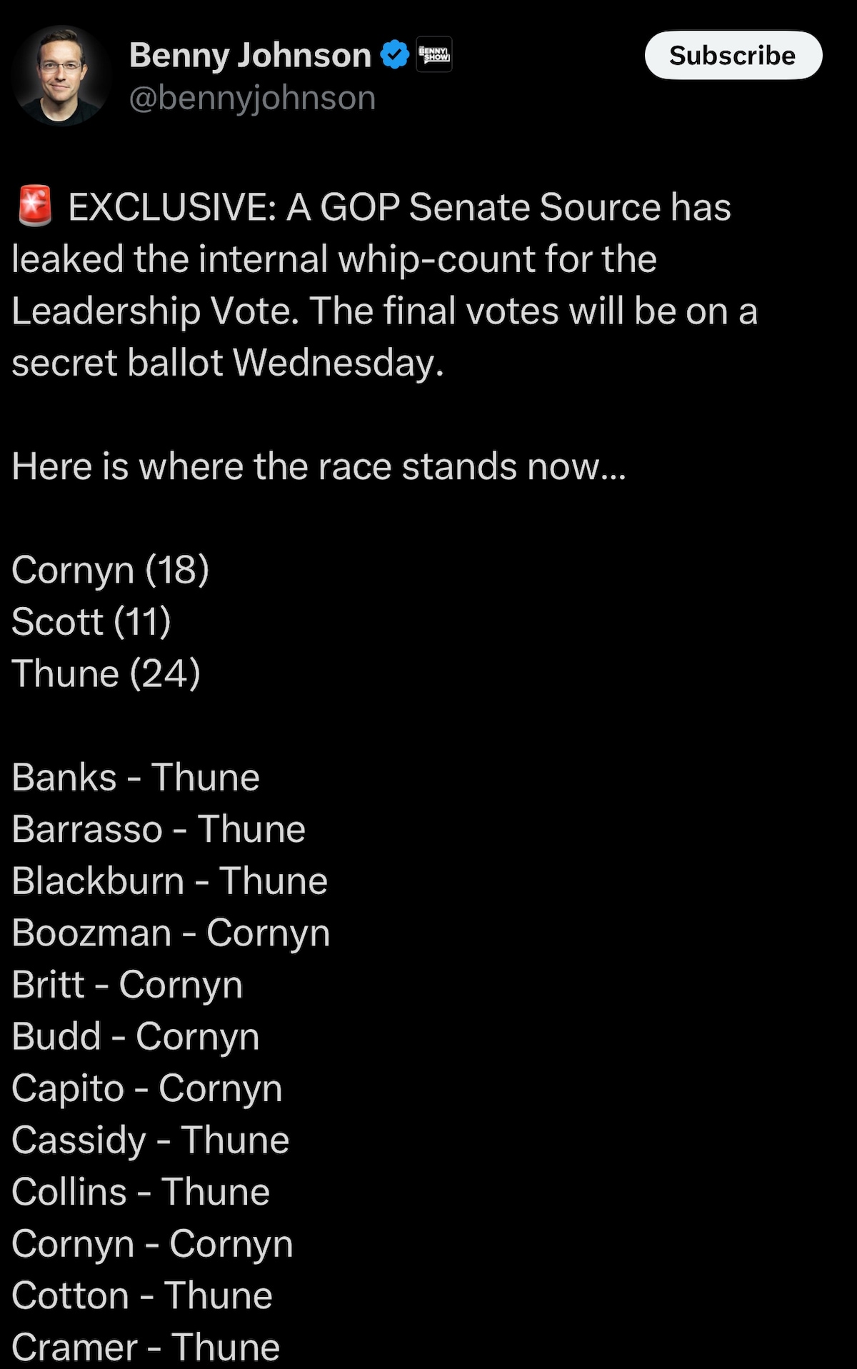 Vote MUST be public — a vote for Thune/Cornyn is a vote for McConnell 

https://x.com/bennyjohnson/s...