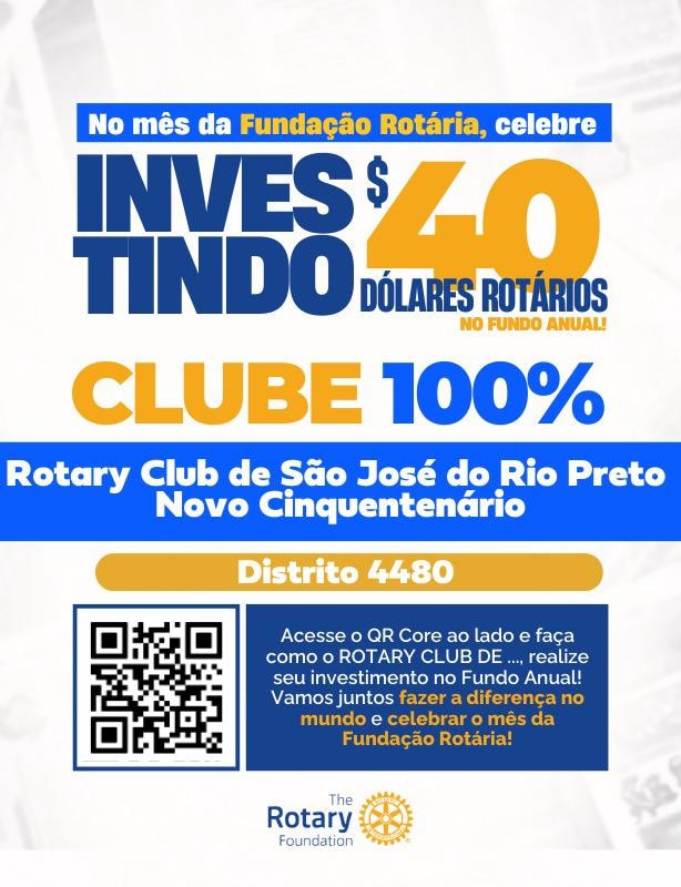 Novembro celebramos o Mês da Fundação Rotária. 

Os clubes do DISTRITO 4480, que tiverem 100% dos as...