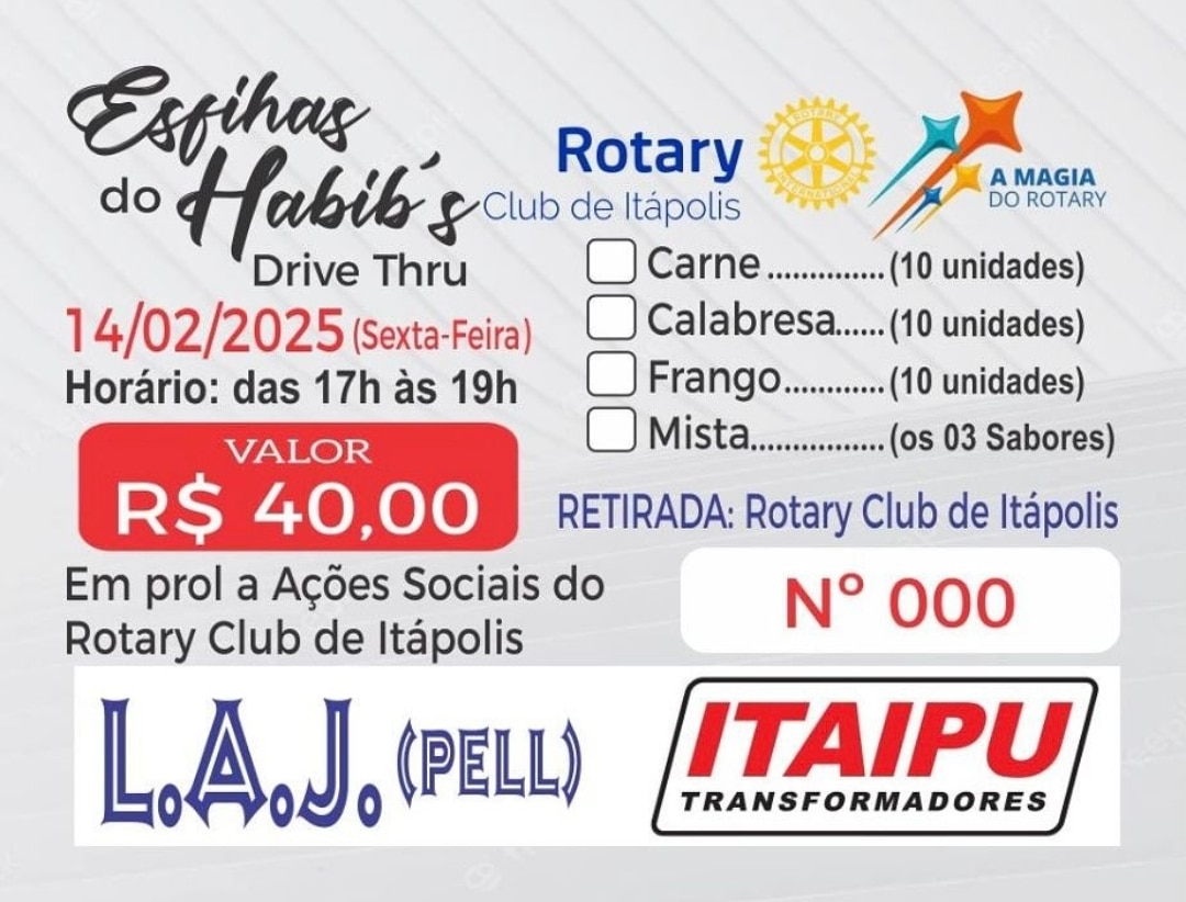 No dia 14/02/25 (sexta-feira), o Rotary Club de Itápolis venderá esfihas do Habib’s, das 17h às 19h,...