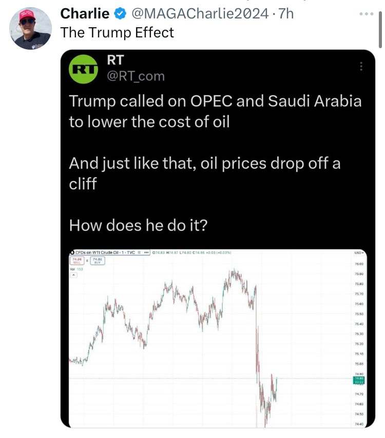 THE TRUMP EFFECT !
ONE CALL AND OPEC IS DROPPING THE PRICE OF OIL DRASTICALLY !
Also Got Saudi Arabi...