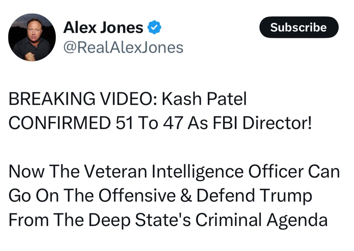 Kash Patel通过国会确认，当选FBI局长🎉👊👊