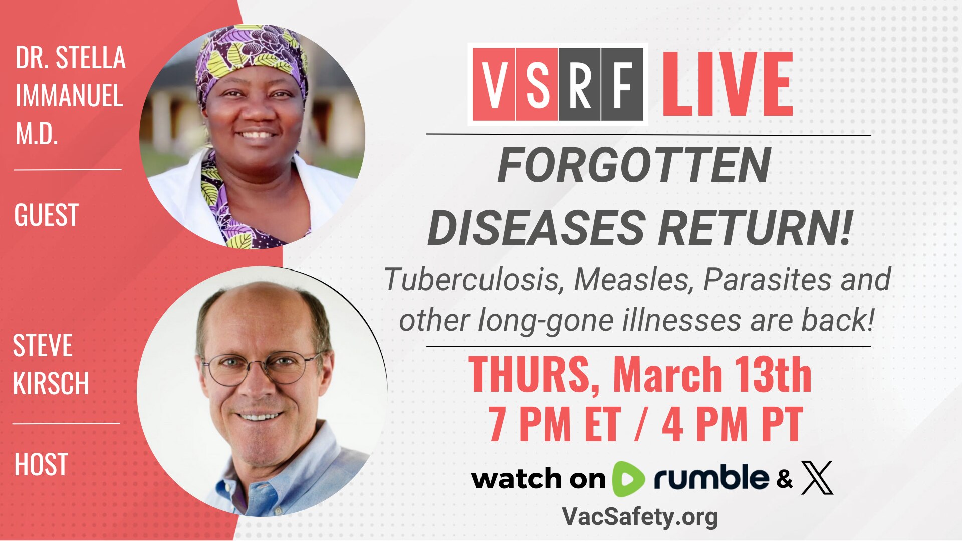 🚨 This Week on VSRF Live 🚨
Dr. Stella Immanuel joins Steve Kirsch for a must-watch discussion on the measles outbreak—what’s really happening, what the media won’t tell you, and how to protect yourself.
🔥 Dr. Immanuel is a fearless advocate for medical freedom, exposing the agenda behind the fear and empowering people with real health solutions. From early COVID treatment to immune health, she’s been at the forefront of the fight for truth in medicine.
📢 Don’t miss this powerful episode!
🗓 Thursday | 7PM ET
📺 Watch LIVE & Join the Discussion
https://rumble.com/c/VaccineSafetyResearchFoundation
#VSRFLive #MedicalFreedom #MeaslesOutbreak #HealthTruth #DrStellaImmanuel