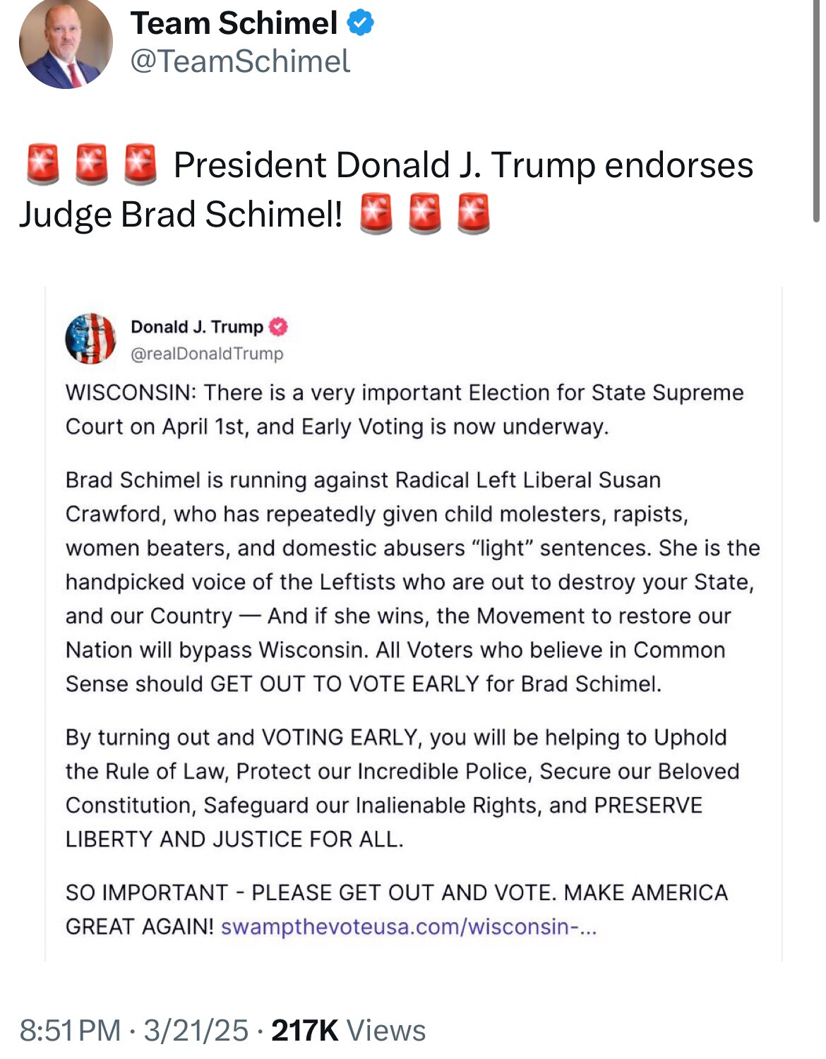 Oh my gosh. 

President Trump just endorsed Brad Schimel for the Wisconsin Supreme Court. 

This is ...