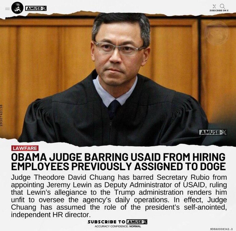 🚨🇺🇸联邦法官接管美国国际开发署招聘——阻止特朗普选择

法官 Theodore D. Chuang 禁止前 DOGE 团队成员 Jeremy Lewin 担任美国国际开发署副署长。

庄法官没有让政府自行做出人事安排决定，而是裁定，由于莱文对特朗普的忠诚，他不适合担任这一职务。

政府律师要求作出澄清
