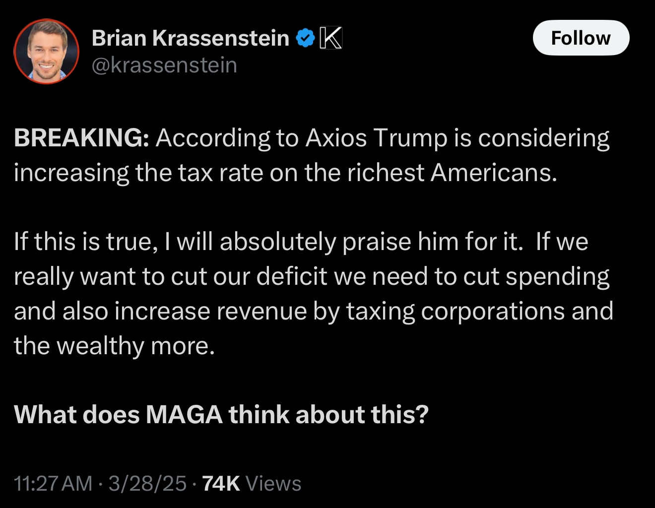Fuck Your ‘Praise’ , Why Didn’t You Fight Harder in ‘21 After You Stole the Election and Drove Trump Back to MAL to Tax the Wealthy: House , Senate, Presidency —Nothing
https://x.com/krassenstein/status/1905688177370955818?s=46&t=0m-2jE9YSFIC_s7Kw2F2nw