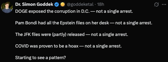 DOGE 揭露了华盛顿的腐败——没有一个人被捕。
Pam Bondi 的办公桌上放着所有关于爱泼斯坦的档案——没有一个人被捕。
JFK 档案（部分）被公布——没有一个人被捕。
COVID 被证明是一个骗局——没有一个人被捕。

开始看到规律了吗？https://x.com/goddeketal/status/1908684409332494543
