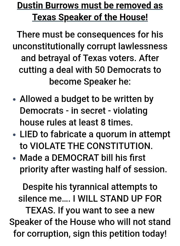 TEXANS CALL TO ACTION 
https://secure.winred.com/texans-for-brian-harrison/removeburrows
