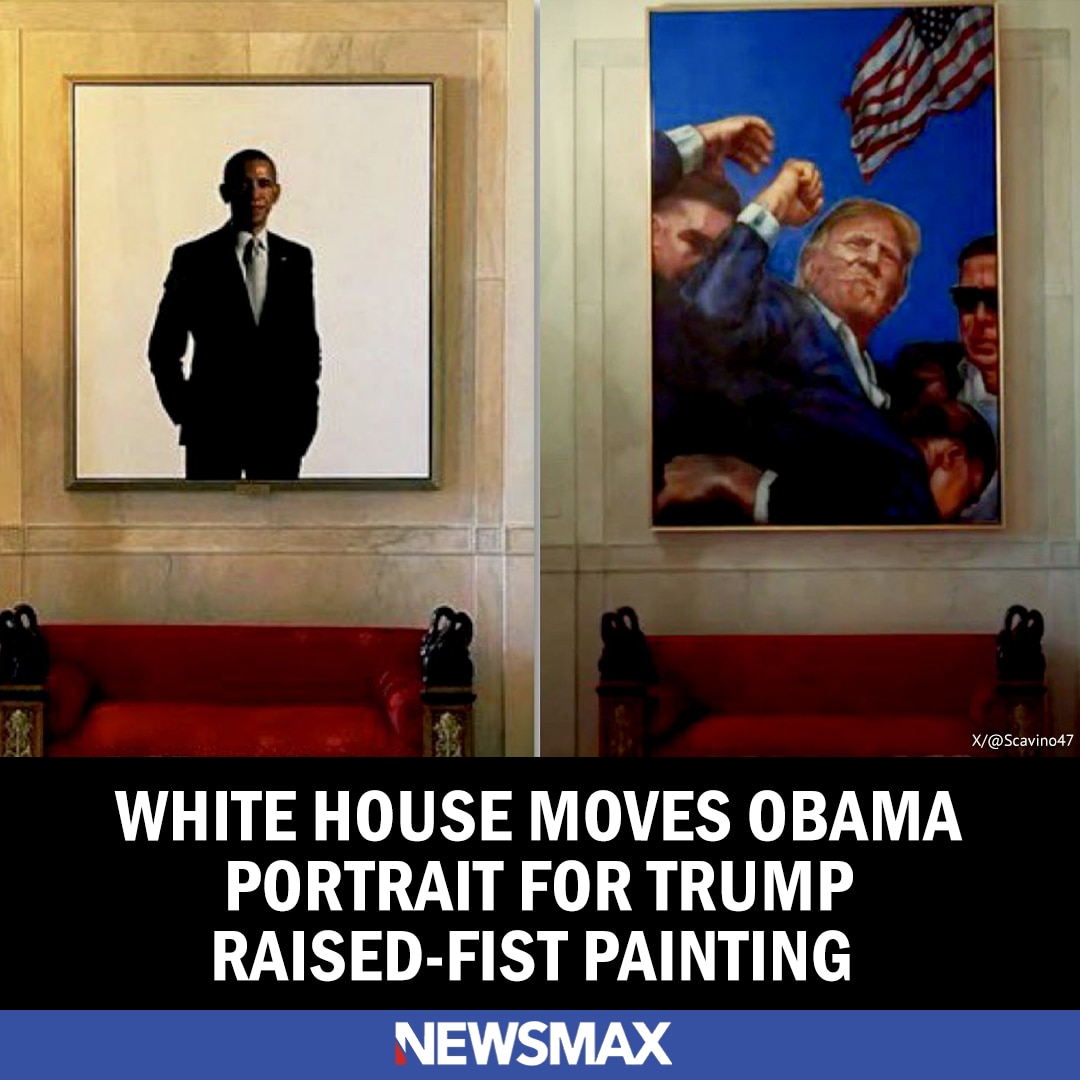 A portrait of former President Obama that hung in the White House has been replaced by a painting of a bloodied and defiant Donald Trump raising his fist after the assassination attempt against him last Summer. https://bit.ly/42u9zN6
