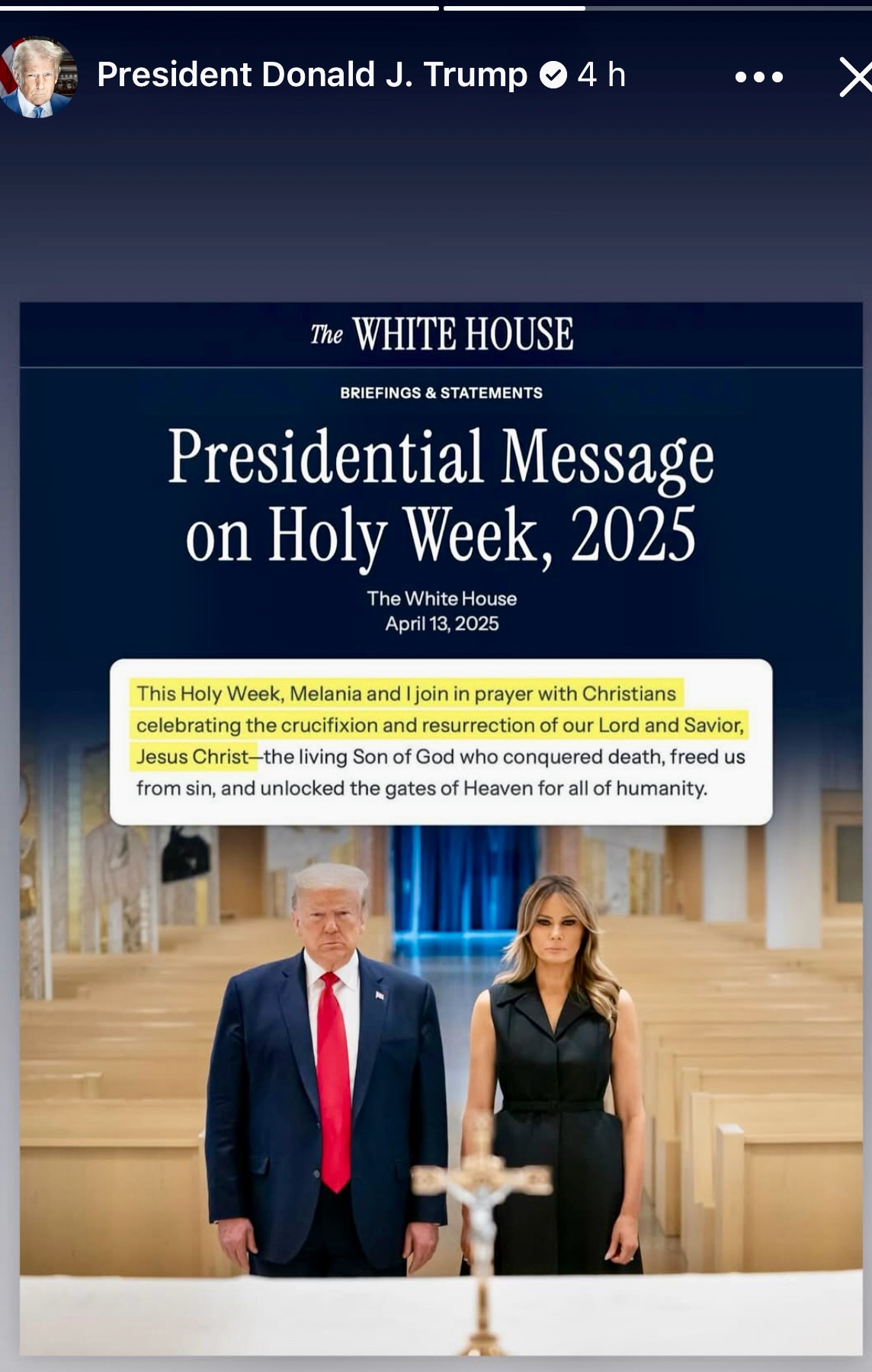 Let’s Take A Moment To Appreciate A
Presidential Message on Holy Week, 2025  ✝️ 🪽

President Trump 🇺🇸:
“This Holy Week, Melania and I join in prayer with Christians celebrating the crucifixion and resurrection of our Lord and Savior, Jesus Christ-the living Son of God who conquered death, freed us from sin, and unlocked the gates of Heaven for all of humanity.”
 #cog #justanothermagamonday #magamonday 

📮REPOST TO SHARE 🙏🏻#trumptuesday 

Follow All 🇺🇸
@JanetLeeSK99

@fatima_italia

@CSABelle

@IowaSassyLass

@RogerFritz7

@Nascarred14

@chetjr68

@PanhandleCM

@RSpudis

@dondiver
🇺🇸❤️🤍💙⭐️
 #jrides1 #patriotdrive #jrides #janetleesk99 #janettrains ©️