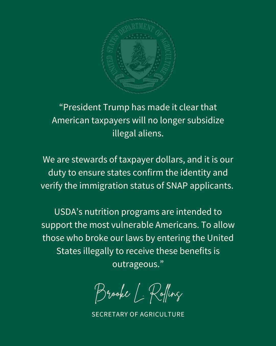 Today, under the direction of U.S. Secretary of Agriculture Brooke L. Rollins, USDA orders states to...