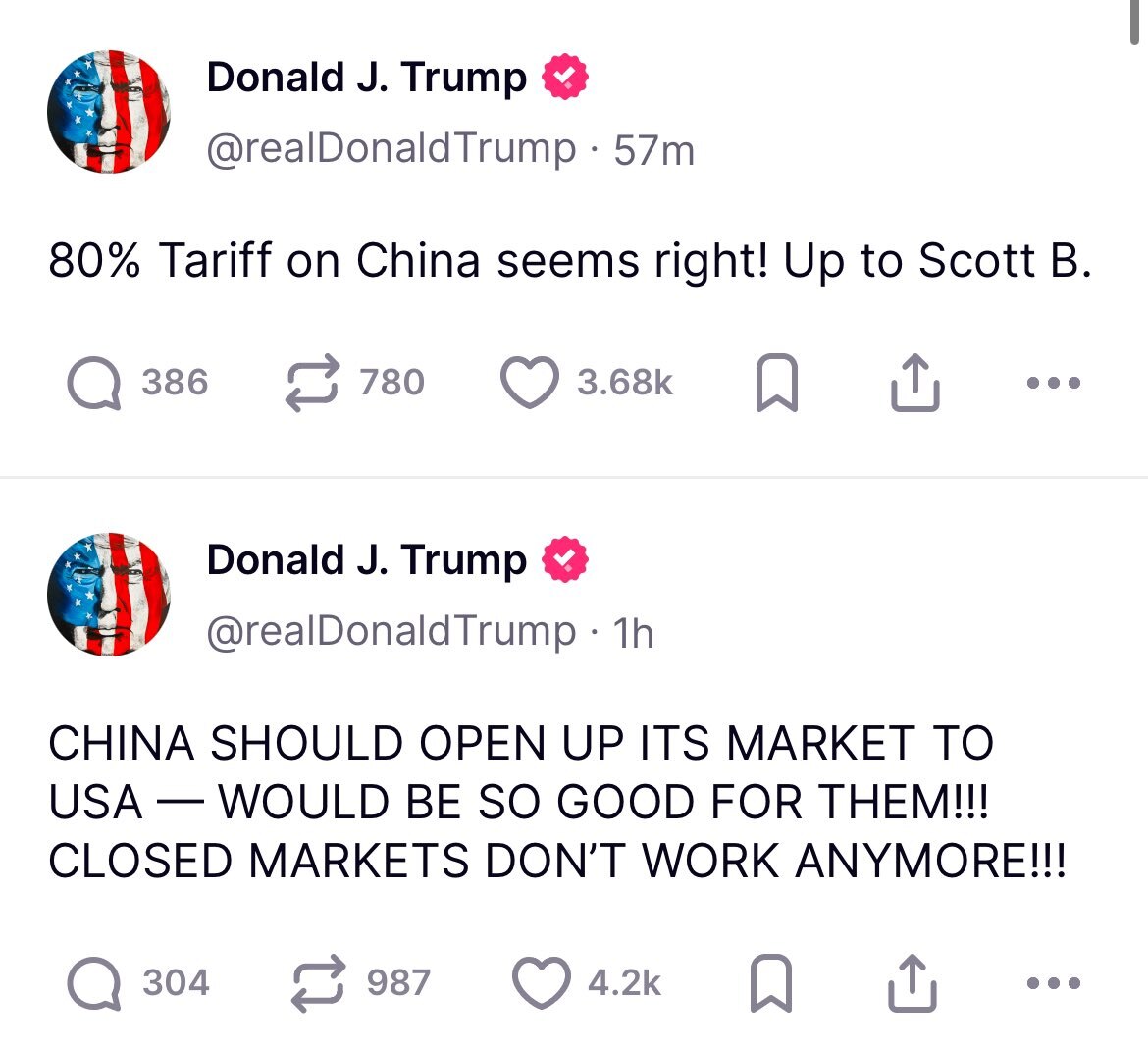 川普总统与贝森特财长是决心不给中共一个子儿的现金流！ 因为即使关税降低到80%，中共也没法从美国赚到钱。 

中共能从美国赚到钱的平衡点关税率是67%，即川普总统在“解放日”那天公布的对中共的关税率。...