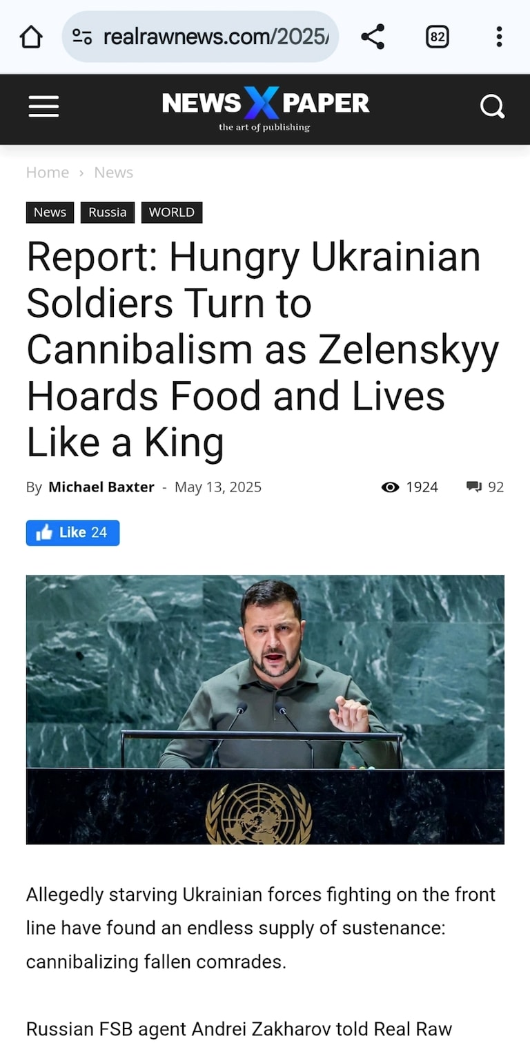 https://realrawnews.com/2025/05/report-hungry-ukrainian-soldiers-turn-to-cannibalism-as-zelenskyy-hoards-food-and-lives-like-a-king/
Report: Hungry Ukrai
