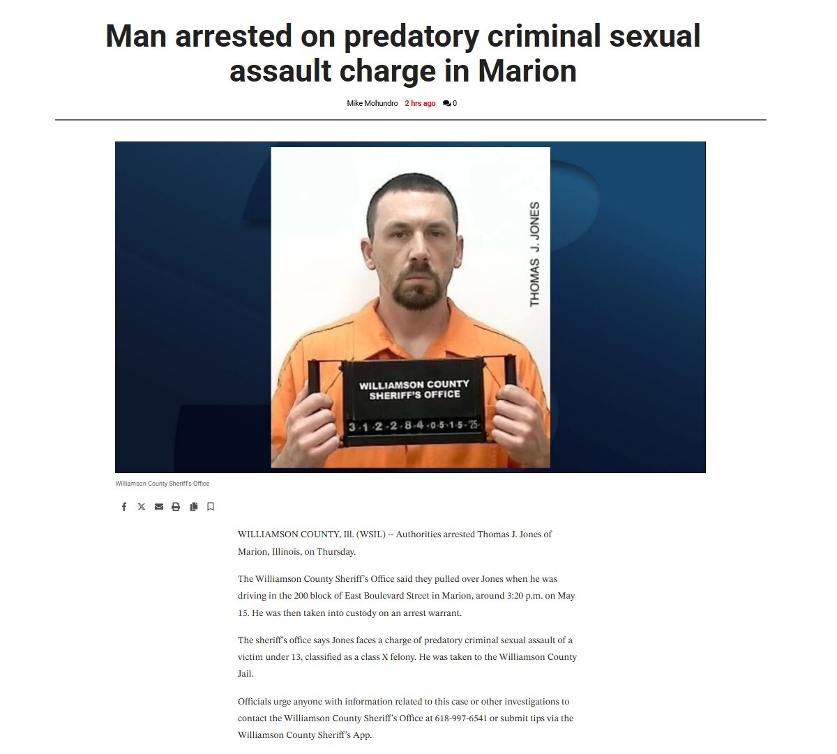 Man arrested on predatory criminal sexual assault charge in Marion

WILLIAMSON COUNTY, Illinois (WSI...