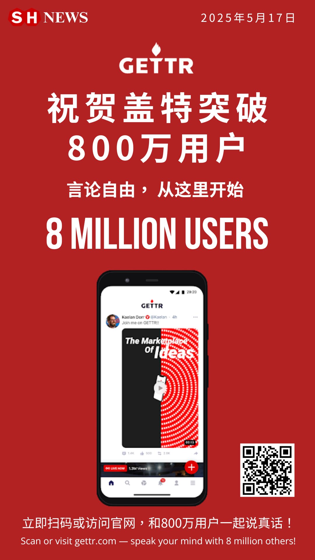 盖特（GETTR）有效活跃用户数突破800万，此前曾长期稳定在799万左右。近期推出的全新“一键通”功能，大幅简化注册流程——无需手机号或邮箱，仅需设置用户名、密码与恢复码，即可加入盖特社群。

#盖...