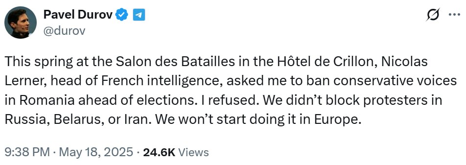 JUST IN - French domestic intelligence chief asked Telegram CEO to ban conservative voices in Romani...