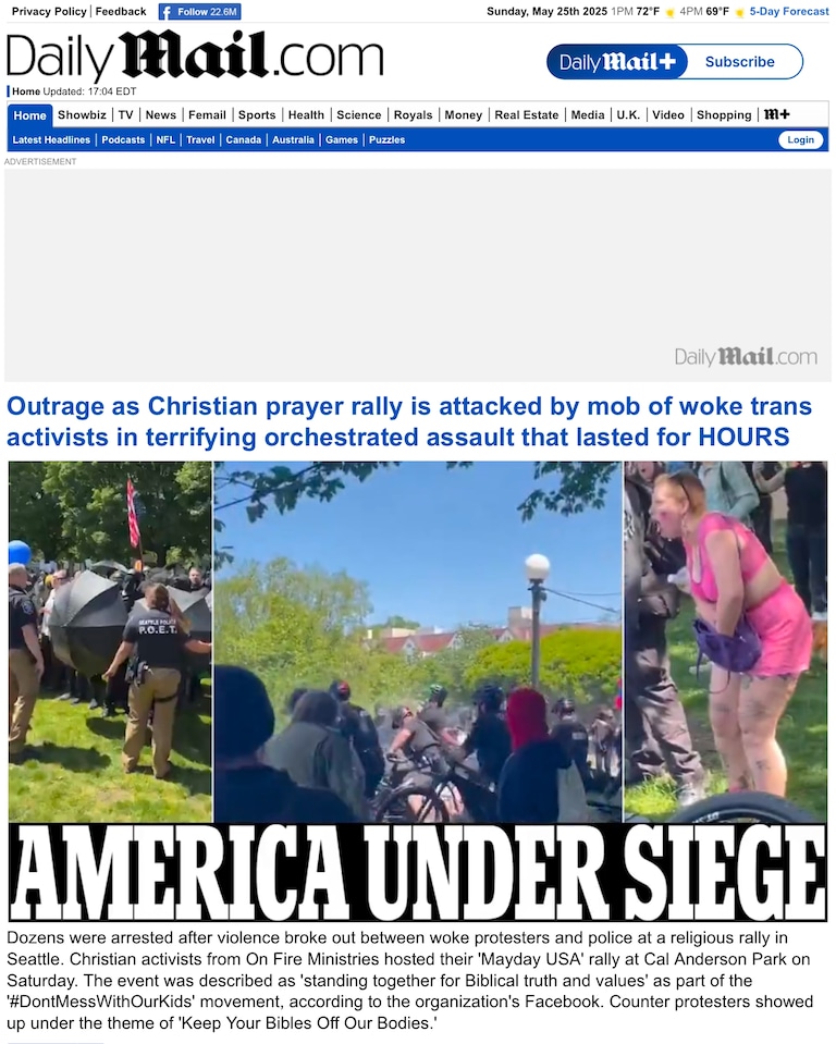 Seattle Mayor Backs Gay/Transgender Mobs Brutal Attack on Christians 

https://www.dailymail.co.uk/news/article-14747837/christian-prayer-rally-trans-activ