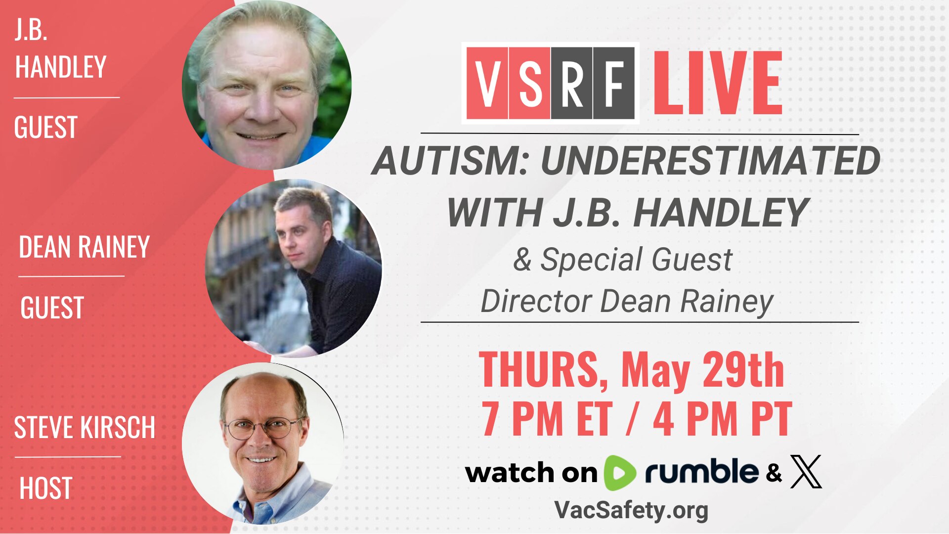 This Thursday on VSRF LIVE we’re honored to welcome J.B. Handley—author, advocate, and father to Jamison—for a powerful conversation you won’t want to miss. We will also welcome director and filmmaker Dean Rainey about his new film, "Why Can't We Talk About This?" which tackles uncomfortable questions surrounding the C19 vaccine injured.
J.B. is the author of two transformative books: "How to End the Autism Epidemic" and "Underestimated: An Autism Miracle," co-written with his non-verbal son Jamison, who has profound autism. Their story is a testament to the human spirit—and the power of spelling-based communication to unlock potential in those dismissed by the medical system.
J.B. is also the executive producer of the groundbreaking documentary "SPELLERS", inspired by Underestimated, which is awakening families across the globe to what’s possible when we change how we see—and support—those with autism.
On this week’s show, we’ll explore:
✅What it really means to be “non-verbal”
✅The science behind Spelling to Communicate
✅Why mainstream autism care is failing our children
✅And what you can do to support real solutions
Next we will welcome Dean Rainey. Dean is a Canadian filmmaker with an international track record. His work has aired on National Geographic, Discovery Channel, CNN, and Fox Movies. He’s lived and filmed around the globe—from the U.S. to Hong Kong to his current base in Norfolk County, Ontario. Now, Dean is making waves with his first feature-length documentary "Why Can’t We Talk About This?"—a gripping look into the true story of a man injured by the mRNA vaccine, and the uncomfortable silence surrounding vaccine-related harm.”
"Why Can’t We Talk About This?" delves into the life of a man grappling with the aftermath of a COVID-19 vaccine injury, weaving his personal struggle into a broader examination of why such experiences are rarely discussed. Through interviews with medical experts, legal commentators, and public figures, the documentary uncovers the emotional, physical, and societal toll of vaccine-related harm, questioning the mechanisms-cultural, political, or otherwise— that enforce silence around this issue. It’s a raw, provocative look at a hidden epidemic, aiming to give voice to the unheard and challenge viewers to confront an uncomfortable reality.
Tune in Thursday at 7 PM ET / 4 PM PT on VSRF LIVE and as always, bring your best questions!
See you there!
https://rumble.com/c/VaccineSafetyResearchFoundation