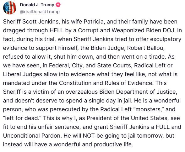 川普总统发文怒斥司法不公！但是郭先生的案子比这个严重百倍！郭先生的案子不撤案，美国司法无望！

腐败且武器化的拜登司法部将斯科特·詹金斯警长、他的妻子帕特里夏以及他们的家人拖入了地狱。事实上，在审判期...