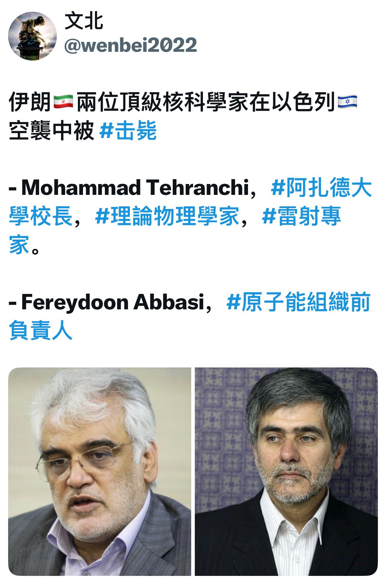 📣伊朗两位顶级核科学家刚被以色列空袭送上天，一位是激光专家，一位是核武掌门，科研做得越高端下场越精准。

🛑这不是空袭，这是一封写给全世界帮独裁者搞“大杀器”的科学家们的请柬：“来不来地狱开个会？...