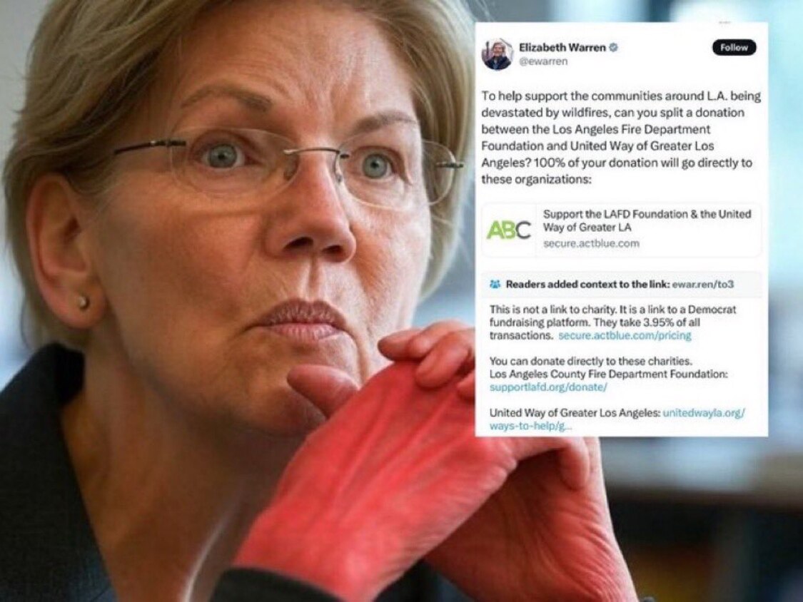 Mila Joy

Elizabeth Warren's Misleading LA Fire Donation Scheme.

Elizabeth Warren promoted donation...