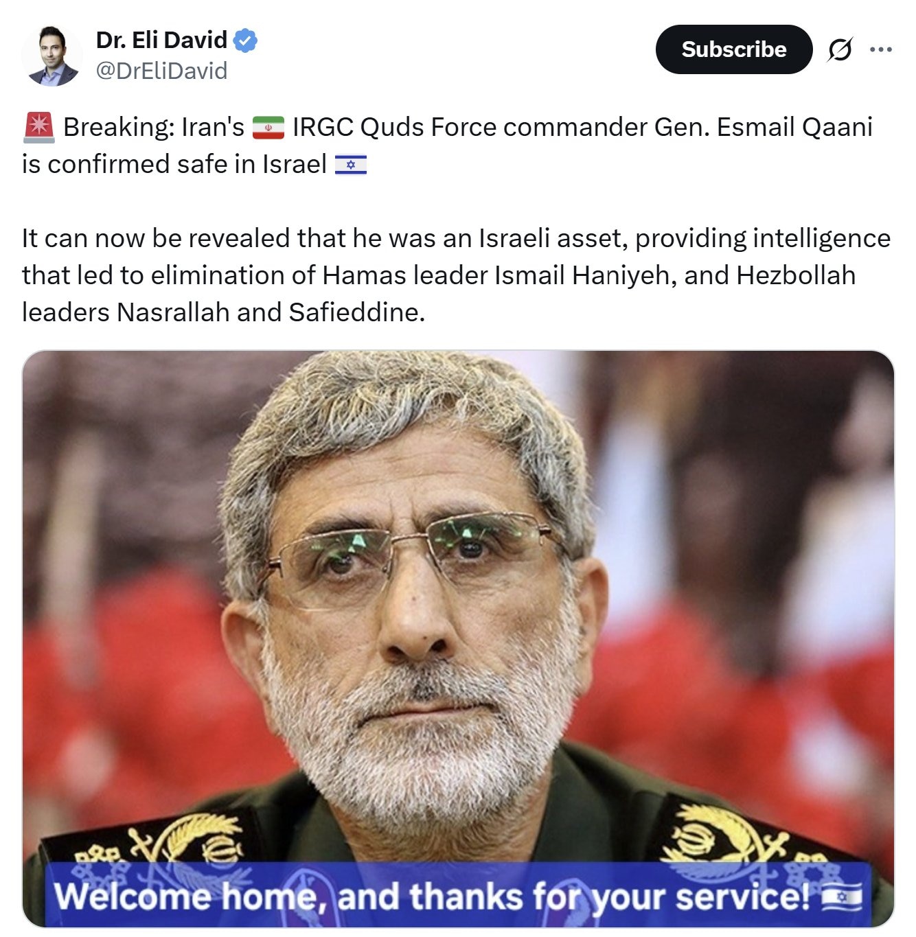 【美国之声--哈梅内伊身边的以色列间谍】当6月13日这个消息放出来的时候，伊朗高层领导人就知道大势已去了：

伊朗 🇮🇷 伊斯兰革命卫队圣城旅指挥官埃斯梅尔·卡阿尼将军已确认在以色列安全无恙。

...