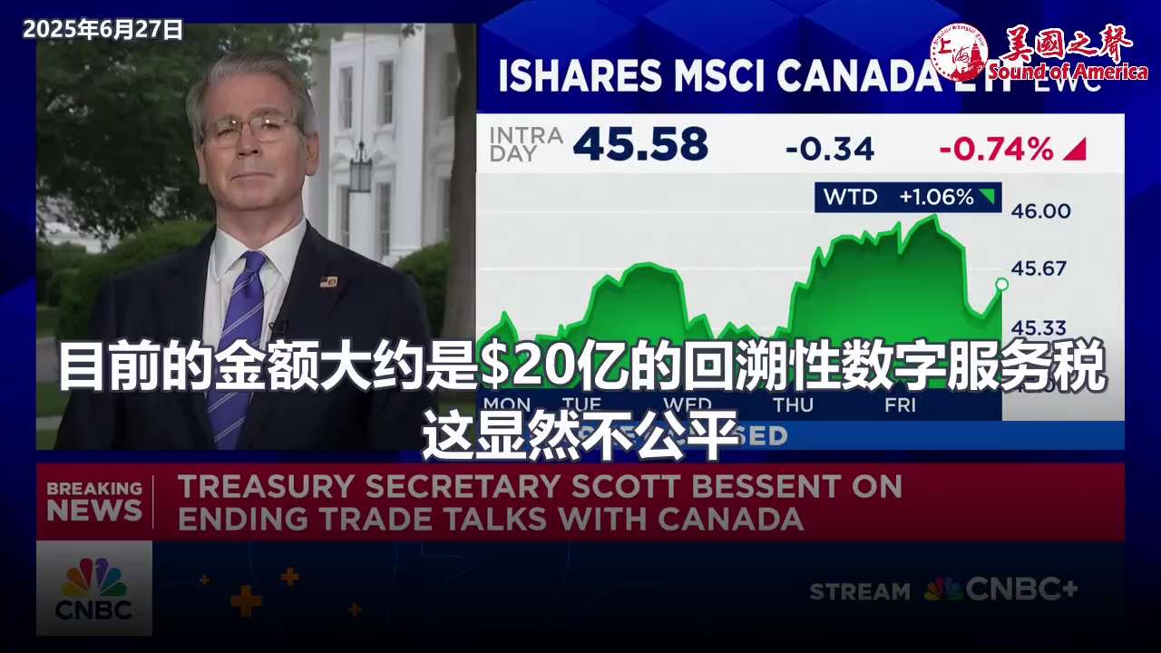 【美国之声--可能对加拿大回溯征收数字税启动301调查】2025年6月27日财长贝森特（Scott Bessent）:

我们本就不喜欢数字服务税, 加拿大还从下周一开始回溯征税$20亿，显然不公平。...