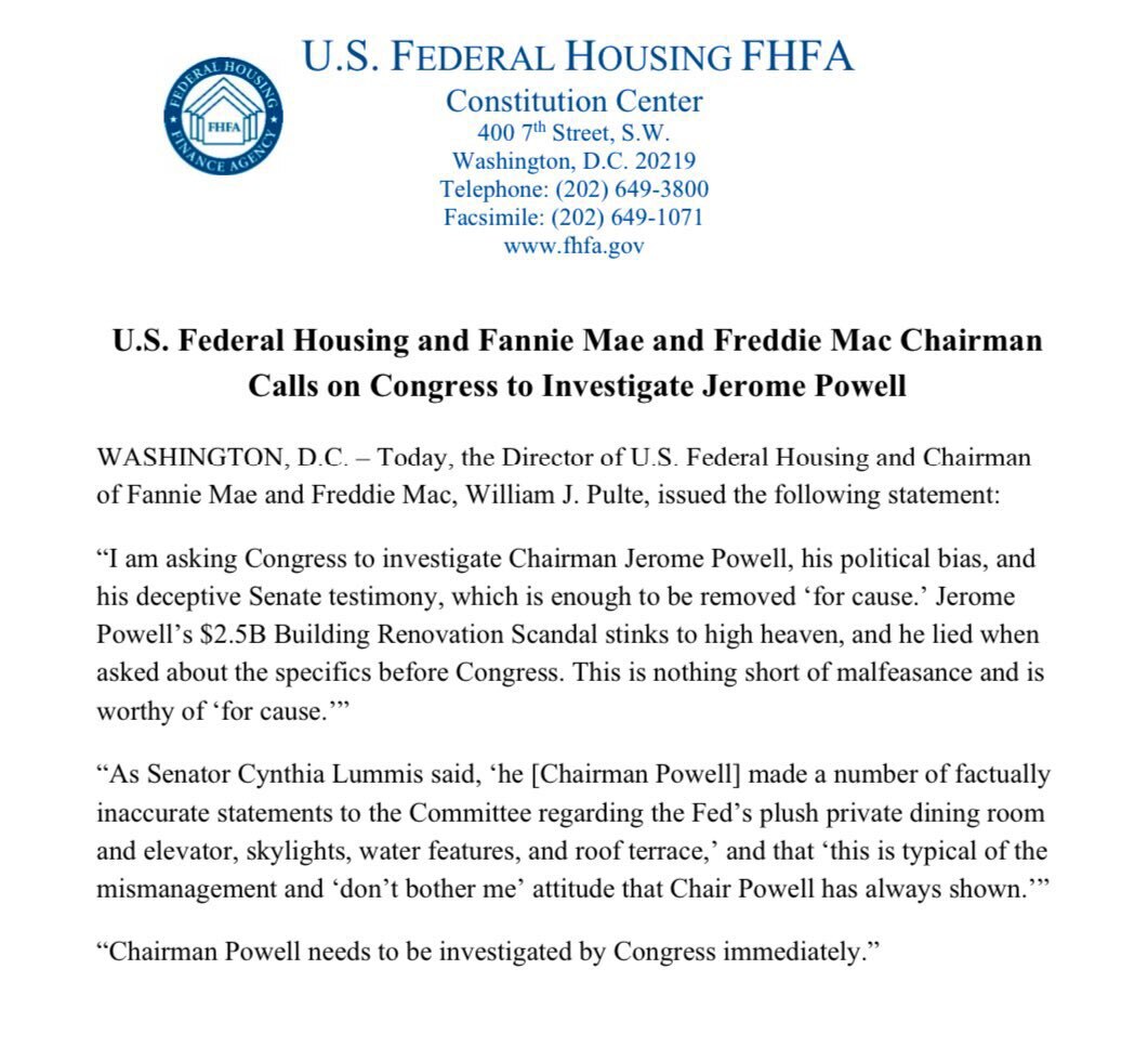 【美国之声--呼吁国会调查美联储主席鲍威尔】2025年7月2日美国联邦住房署署长、房利美与房地美董事长威廉·J·普尔特发布声明，要求国会调查美联储主席杰罗姆·鲍威尔，理由是其存在“政治偏见”和“在参议...