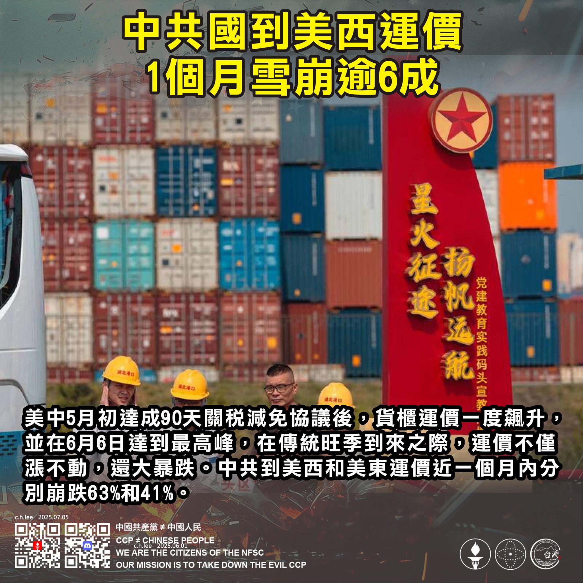 受美国关税战影响，中共六月上海到美西的海运价格暴跌六成！这才刚开始，中共通过越南等东南亚国家的转口贸易之路也被堵死，下半年在房地产和汽车暴跌的同时，出口也将暴跌，雪上加霜，中共经济撑不了多久！

#中...