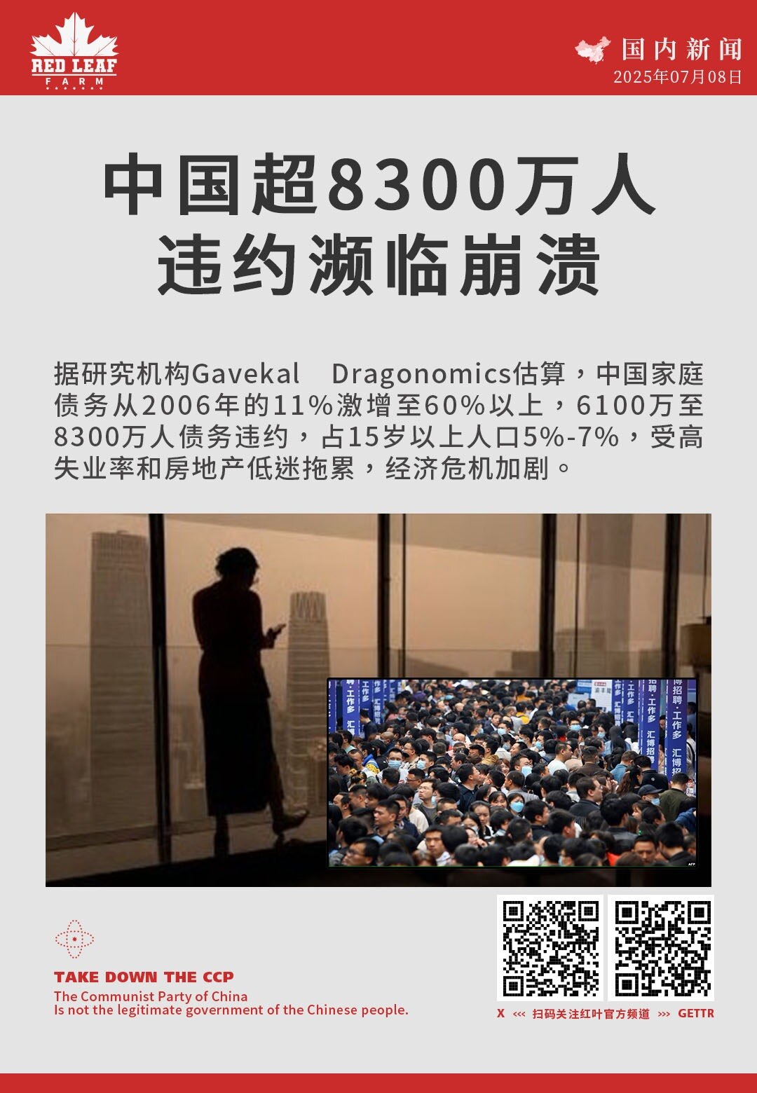 中国超8300万人违约濒临崩溃

据研究机构Gavekal Dragonomics估算，中国家庭债务从2006年的11%激增至60%以上，6100万至8300万人债务违约，占15岁以上人口5%-7%，...