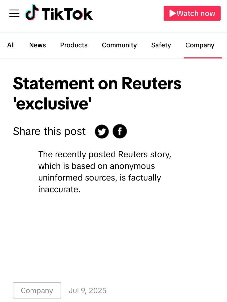 TikTok否认开发仅限美国用户独立应用传闻

TikTok 于 7 月 9 日发布公告，否认路透社关于其正在开发仅面向美国用户、采用不同算法和数据系统的独立应用的报道。

