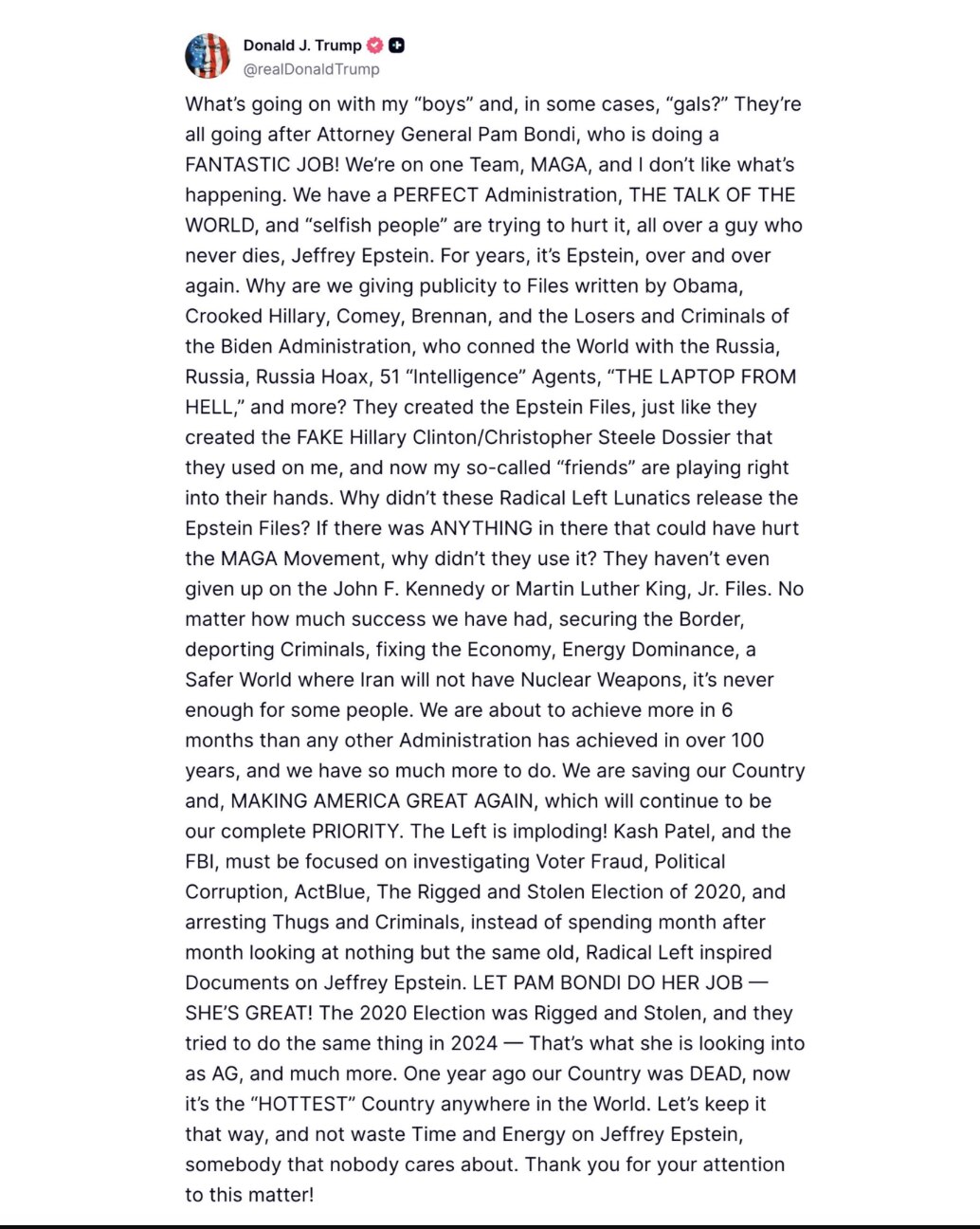 川总又发小作文了，根据七哥的要求我们不参合美国政治，只看不评。

概述：川总要求不要把精力用在老爱档案上，川总不提这个名单是否存在、老爱是不是自杀、那缺失的一分钟监控录像是怎么回事，川总说我们有更重要...