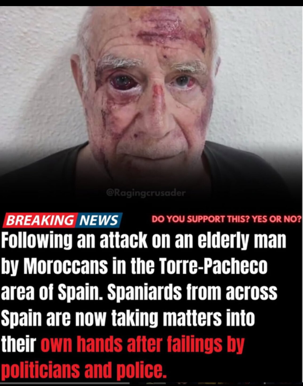 🇪🇸兩名西班牙老人遭到北非移民的毒打，隨後引發當地人、警察和摩洛哥幫派之間的衝突，西班牙全國上下一片憤怒。

如今，由於民眾認為警方未能保護公民，西班牙各城鎮紛紛成立治安維持會。