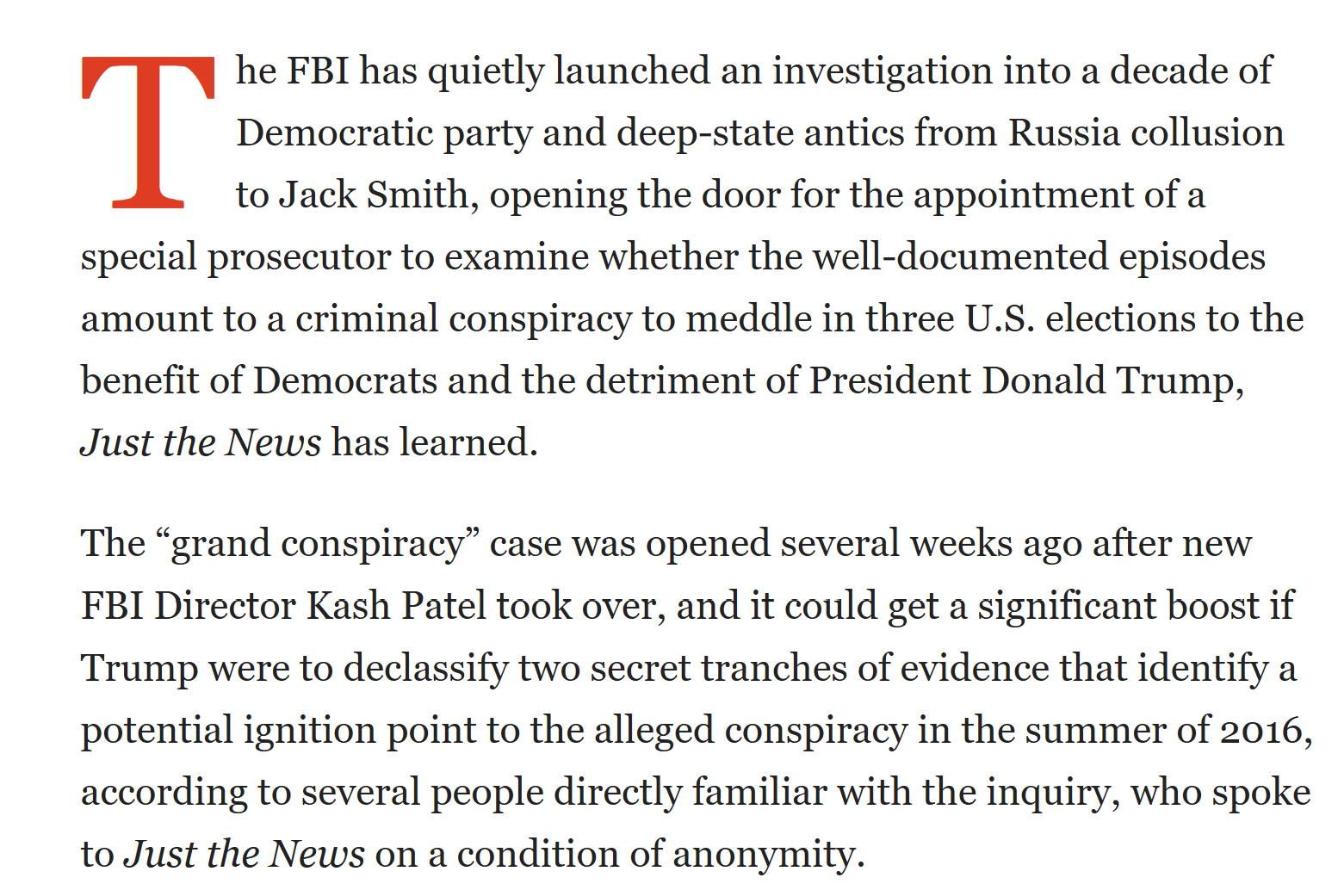 【美国之声--为任命特别检察官打开了大门】2025年7月14日《纯新闻》：

几周前FBI已开启了一项调查，为任命特别检察官打开了大门。 

调查范围从通俄们到到特别检察官杰克·史密斯的行为，以审查这...