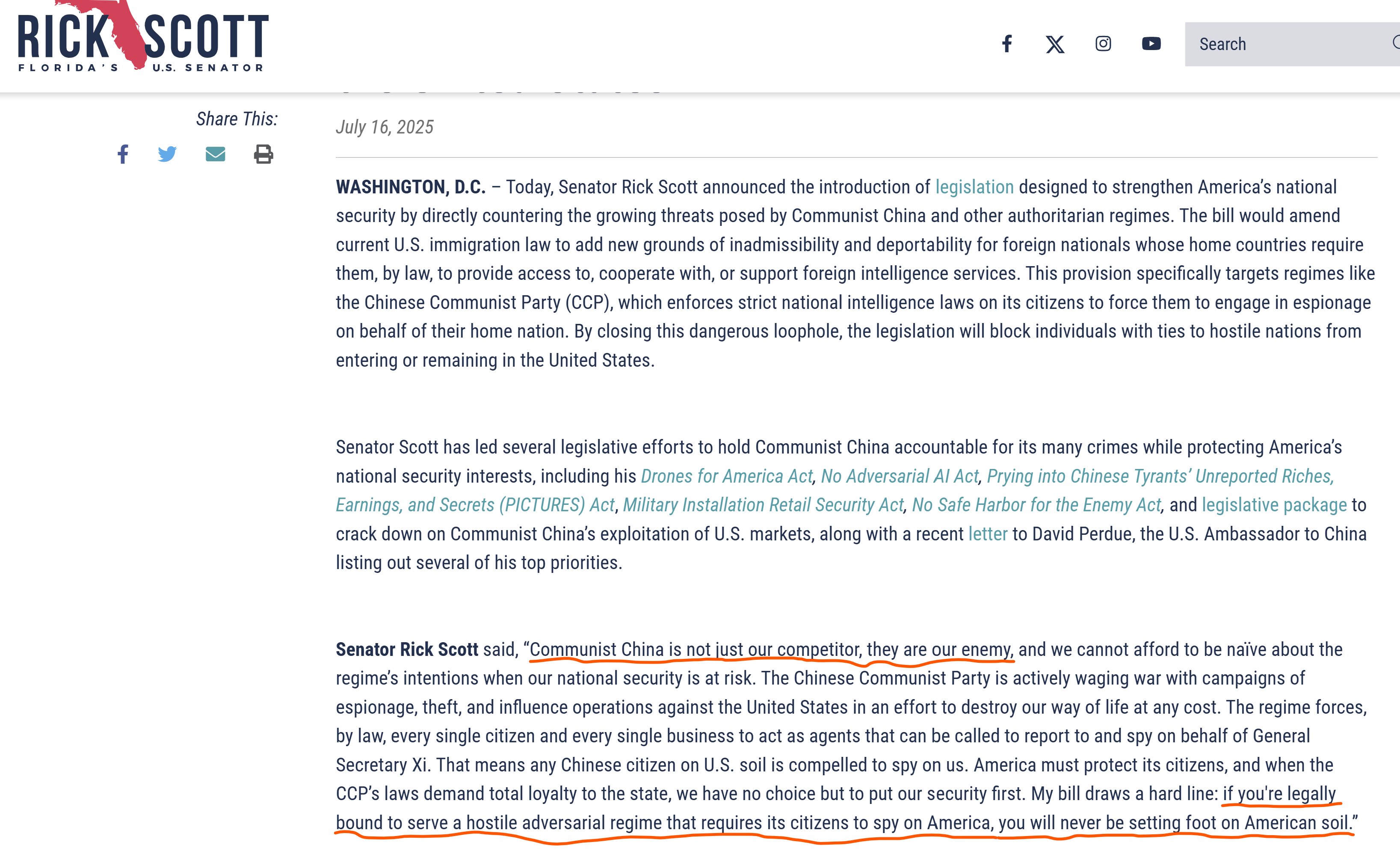 【美国之声--阻止与敌对国家有联系的个人进入或留在美国的法案】2025年7月16日参议员斯科特（Rick Scott）推出一项法案，阻止与敌对国家有联系的个人进入或留在美国。  

该法案拟修订现行美...