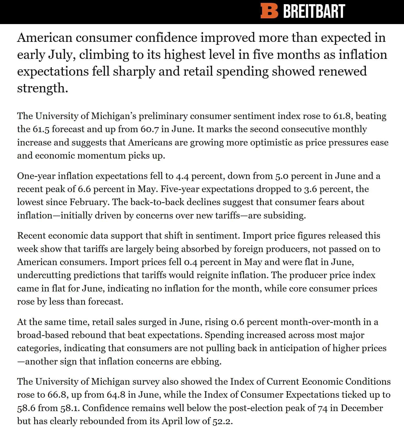 【美国之声--消费者信心指数连续第二个月上升】密歇根大学公布的初步消费者信心指数上升至61.8，高于市场预期的61.5，也高于6月份的60.7。

这已是连续第二个月上升，表明对关税可能引发通胀的担忧...