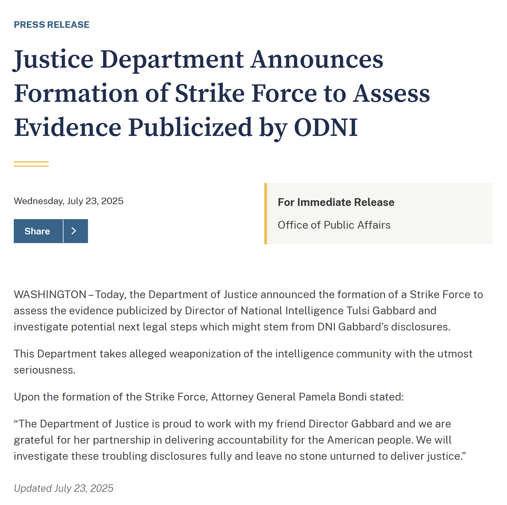 【美国之声--司法部成立特别打击小组】2025年7月23日美国司法部宣布成立一个特别打击小组（Strike Force），以评估国家情报总监贾巴德（Tulsi Gabbard）的解密文件，并寻求这些解...