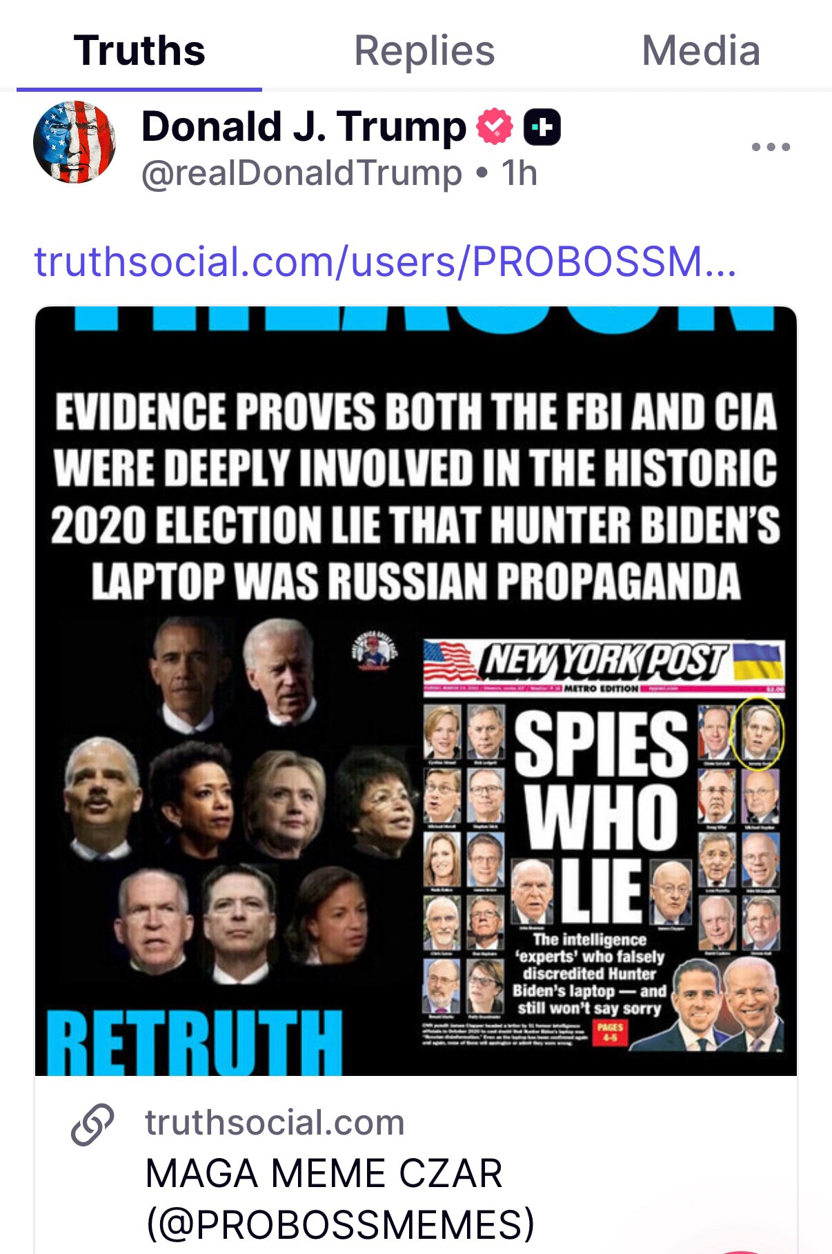 美国的事，只看不评。

川总今天在他的社交媒体上转发了带有这张图片的贴文，里面有很多人的头像，与2016年大选 “通俄门” 事件及2020年大选 “硬盘门” 事件有关。

#2016通俄门 #2020...