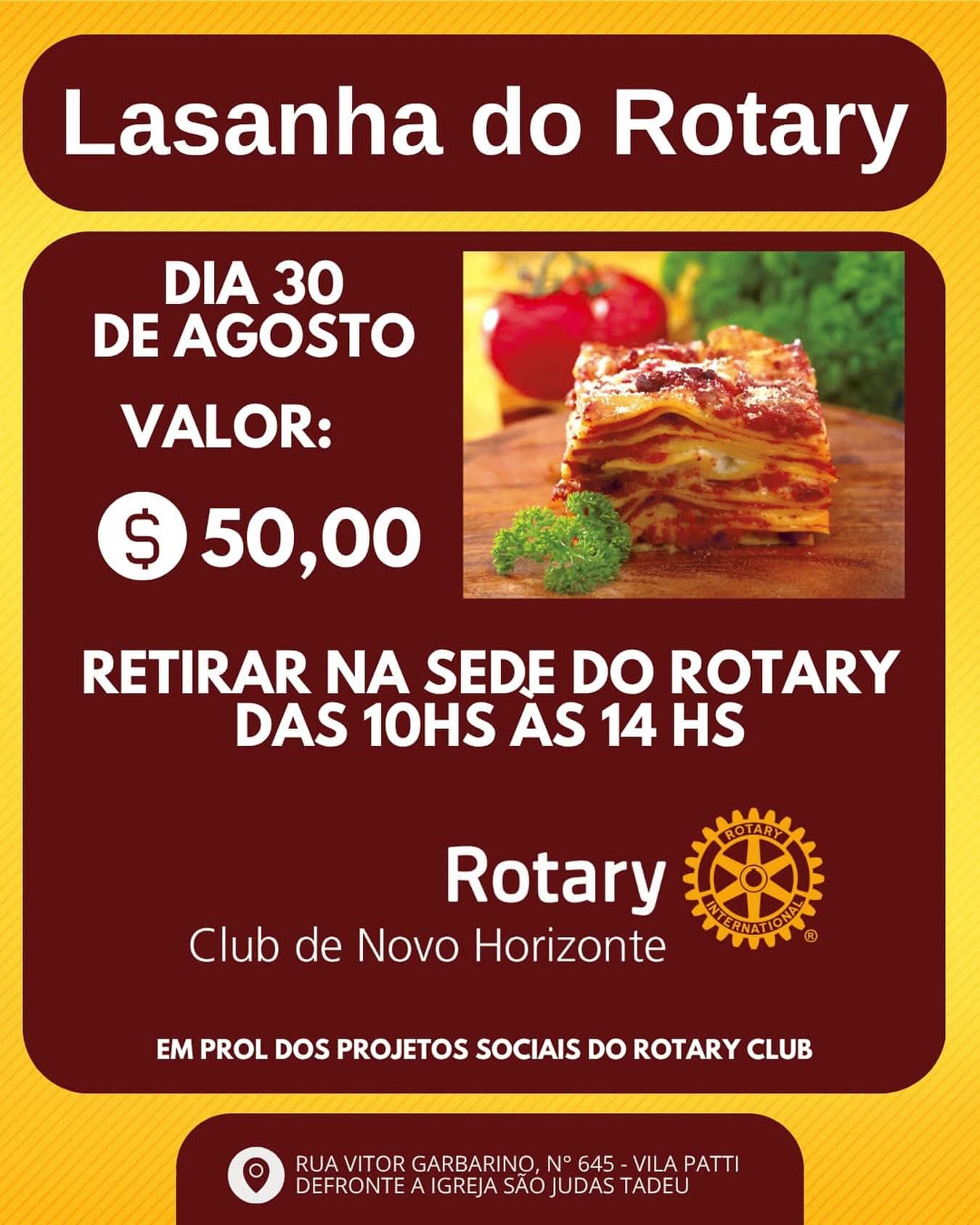 Lasanha do Rotary Club de Novo Horizonte está de volta!

Garanta a sua e ainda contribua com os proj...