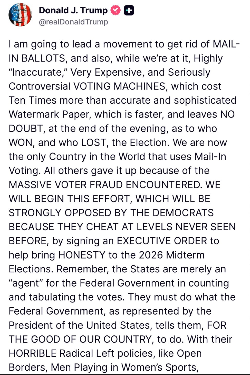 🔥大事！🔥川总发文，将签署行政命令，取消邮寄选票和投票机。🔥

看看，普京和川普的谈话起了大作用了！他们在彼此支持对方在国内取得稳固地位！他们在合作！这是最让深层政府恐惧的事！

习共也很恐惧！...