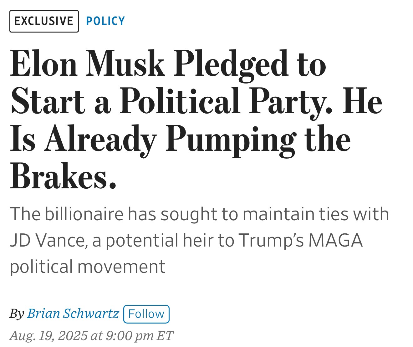 Elon Musk isn’t starting a new party after all… because he’s tied to JD Vance.

https://www.wsj.com/...