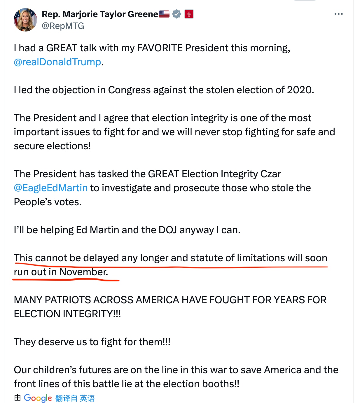 众议院负责2020盗选案的众议员马大姐今天和川普总统通电话，谈论尽快调查2020年大选盗选案，因为今年11月就到追诉时限了。班农先生也发文呼吁尽快推进。川普总统已经责成司法部武器化办公室负责人Ed M...