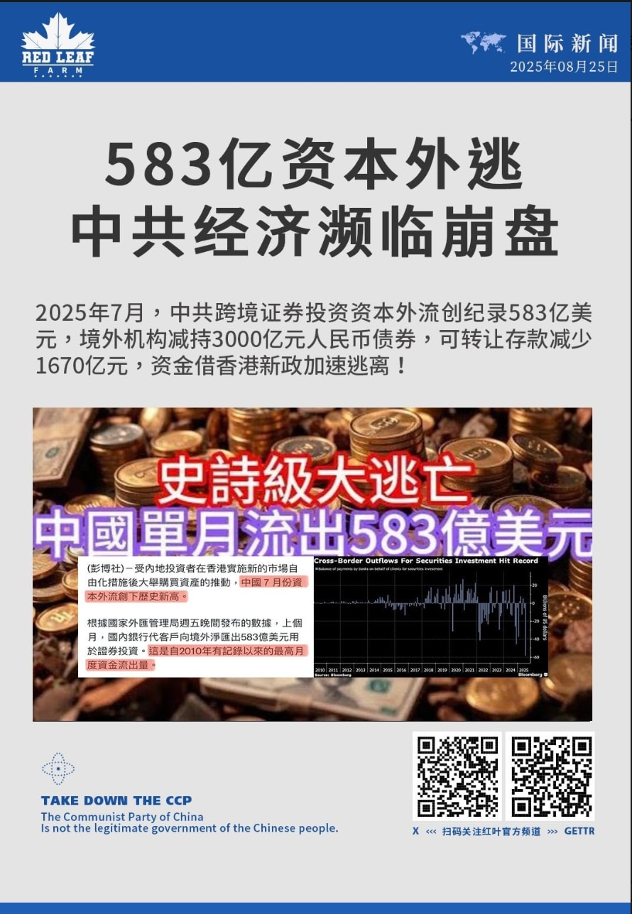 7月份583亿美元资本逃离中共，有国际资本也有本土资本。尽管中共严控，资本还是夺命而逃，年底将加速。

中共外汇的最大黑洞是一带一路，多年总投入合计约1.2万亿美元，其中一大半被贪污掉了，余下的就是坏...