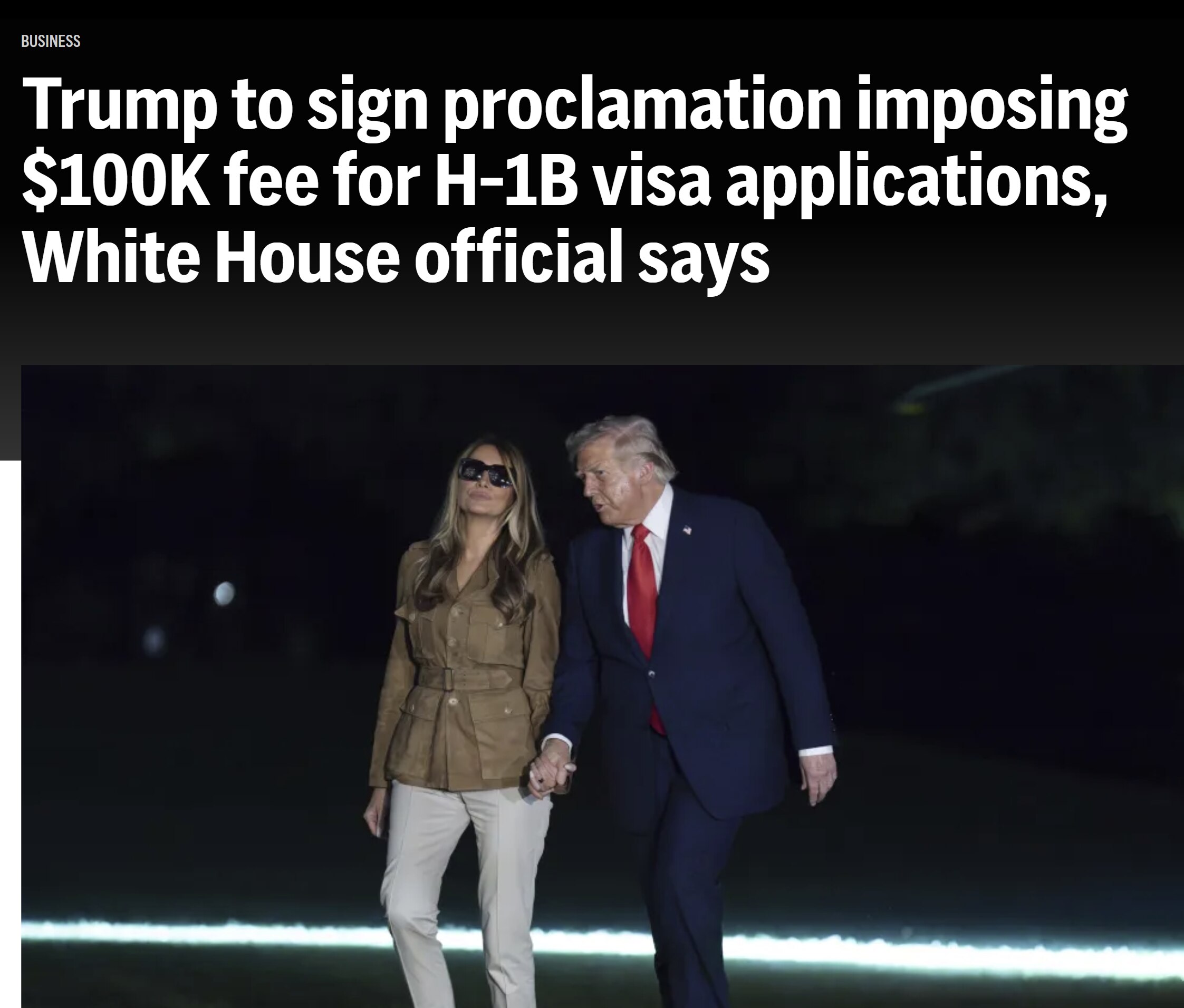 【美国之声--H1B签证申请费$10万】2025年9月19日美联社：

据一名白宫官员称，川普总统正准备签署一项公告，要求 H‑1B 签证申请收取 $100,000 的申请费，并对这一针对高技能外籍工...