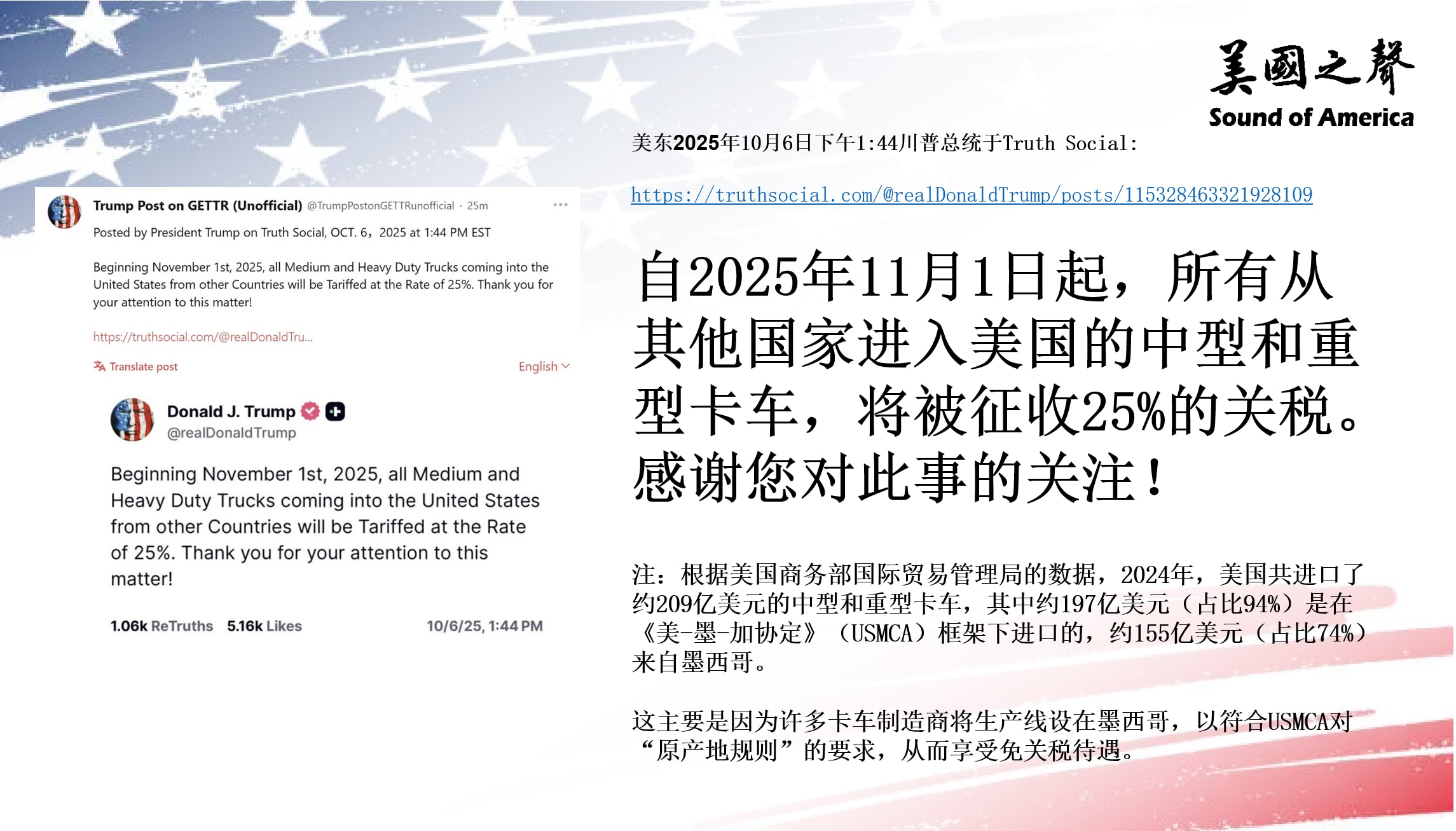 【美国之声--对进口的中、重型卡车征收25%的关税】2025年10月6日川普总统：

自2025年11月1日起，所有从其他国家进入美国的中型和重型卡车，将被征收25%的关税。感谢您对此事的关注！

注...