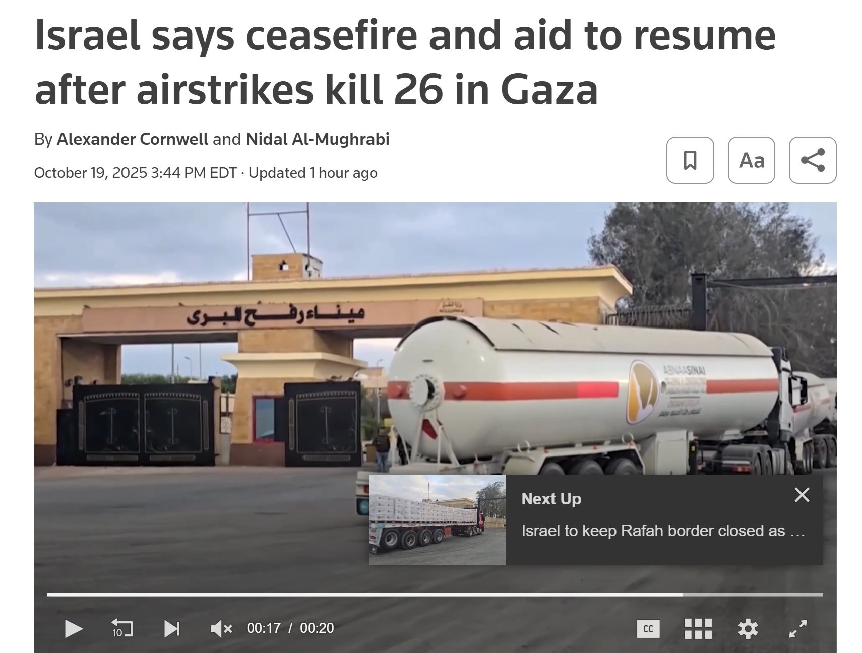 【美国之声--加沙恢复停火】2025年10月19日路透：

加沙已恢复停火，加沙的援助将在短暂停止后恢复。以军已重新开始执行停火协议。 

另：有消息称是因为川普政府介入。 

#停火协议 #美国之声...